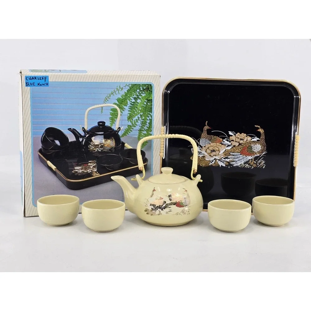 Vintage Keramik Tea Set Teapot + 4 handleless Cups Teaset/Saki, New In Box White